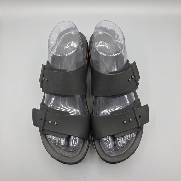 Crocs Brooklyn Sandals Womens 10 Black Rubber Straps Slide Cork Platform Buckles - Picture 4 of 14